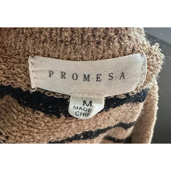 PROMESA Women's Cut Tan Black Striped Collared V Neck Knit Sweater Size M - Picture 6 of 8